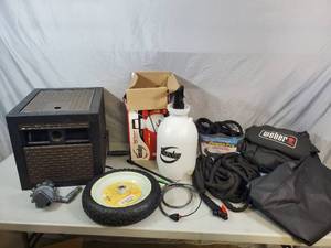lot 145 image: Garden Hose Reel, Lawn Sprayer, Garden Hose, Weber Grill Cover, Etc