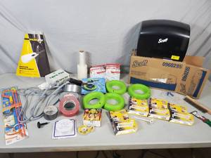 lot 178 image: New Scott Tissue Dispenser, Toilet Install Parts, Duct Tape, Drain Weasel, and More