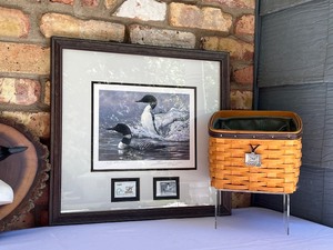 Decorative Loon Wood Clock, Ducks Unlimited Framed Print with Stamp and Longaberger Basket