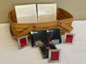 Longaberger Basket with 2001 and 2002 Snowdays Ornaments, Pewter Santa Ornaments and Pewter Ornaments
