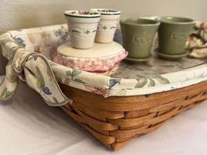 Large Longaberger Serving Basket Paired with Mini Decorative Planters and a Longaberger Hope Basket