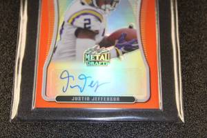 lot 6 image: 2020 Leaf Metal Draft Orange Justin Jefferson Autograph Rookie Card 27  Only 7 Exist