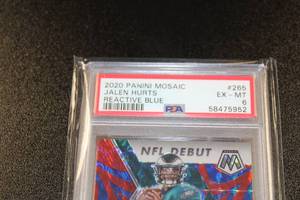 lot 71 image: 2020 Mosaic Reactive Blue Jalen Hurts #265 Rookie Card PSA 6