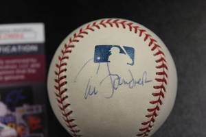 lot 174 image: Tim Laudner Side Panel MLB Logoman Autograph Ball JSA COA #AB29094