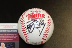 lot 176 image: Roy Smalley Side Panel Twins Logo Autograph Ball JSA COA #AB29093