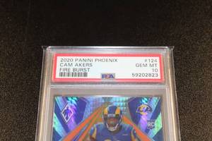 lot 225 image: 2020 Phoenix Fire Burst Cam Akers Rookie Card #124 PSA 10