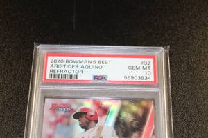 lot 267 image: 2020 Bowmans Best Refractor Aristides Aquino #32 Rookie Card PSA 10