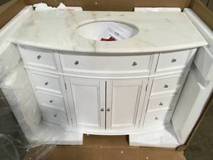 Hampton Harbor 45 in. W x 22 in. D Bath Vanity in White with Natural Marble Vanity Top in White Natural by Home Decorators Collection Customer Returns See Terms on Auction