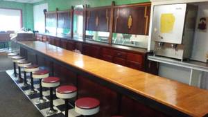 lot 342 image: Antique Brunswick Counter, Stools & Back Cabinets. INCREDIBLE