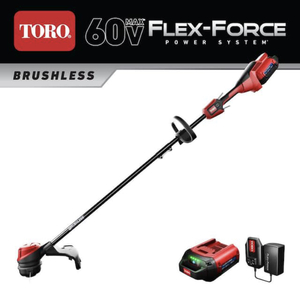lot 98 image: TORO 60V Max Lithium-Ion Brushless Cordless 15 in.  13 in. String Trimmer - 2.0 Ah Battery and Charger Included