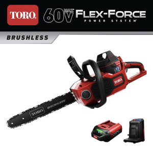 lot 99 image: TORO Flex-Force 16 in. 60-Volt Max Lithium-Ion Battery Electric Cordless Chainsaw, 2.5 Ah Battery and Charger Included