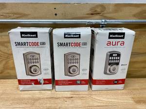 lot 106 image: KWIKSET Lot of 2 SmartCode 913 Touchpad Electronic Deadbolts with 1 Aura Bluetooth Keypad Smart Lock