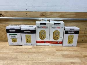 lot 108 image: KWIKSET Lot of 3 PowerBolt 3 Touchpad Keyless Entry and 2 SmartCode 909 Touchpad Electronic Deadbolt