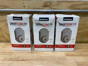 lot 109 image: KWIKSET Lot of 3- SmartCode 909 Satin Nickel Single Cylinder Keypad Electronic Deadbolts Featuring SmartKey Security