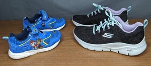 lot 238 image: Skechers Womens Arch Fit Comfy Wave Walking Sneaker Black-Lavender Size 7.5 and Nickelodeon PAW Patrol Little Kids Strap Light-Up Sneaker BlueYellow Size Boys 11