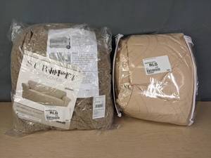 lot 179 image: PetMaker Waterproof Furniture Protector Cover for Sofa (Tan) and Sure Fit Stretch Leaf Loveseat Slipcover (Tan)