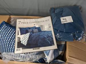lot 174 image: Avondale Manor Ella 7-Pc. Queen Comforter Set (Navy) and Popular Home Twlight Room Darkening 108 x 84 Grommet Window Panel Pair (Navy)