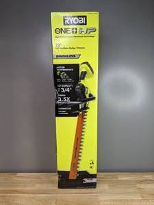 lot 25 image: Brand New Ryobi ONE HP 18V Brushless 22 in. Cordless Battery Hedge Trimmer with 2.0 Ah Battery & Charger  T