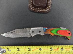 HANDMADE 6.5 Multi Wood Handle Damascus Blade Folding Knife With Leather Sheath
