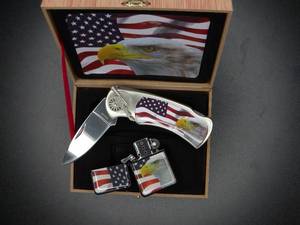 Wood Box Knife wLighter USA Flag Eagle God Bless America