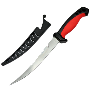 11.5 Defender Comfort Red Grip Fish Fillet Knife Serrated Edge Blade w Sheath