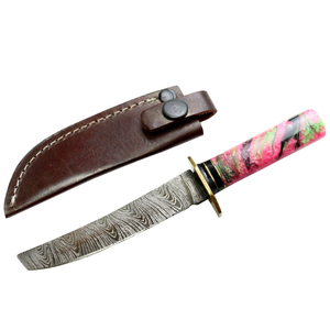 HANDMADE 6 Damascus Fixed Blade Pink Resin Handle Hunting Knife With Sheath