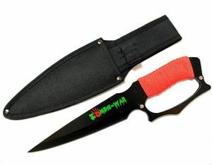 12 Zombie-War Hunting Knife Black Steel Red Cord Wrapped Handle with Sheath