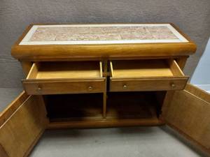 lot 130 image: VINTAGE CARVED 2 DOOR WOODEN CABINET WITH MARBLE TOP