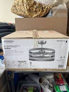lot 44 image: Progress Lighting Gulliver 24 in. IndoorOutdoor Brushed Nickel Farmhouse Dual Mount Fandelier Ceiling Fan with Light Kit & Remote Control
