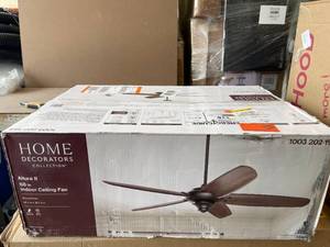 lot 47 image: Home Decorators Collection Altura II 68 in. Indoor Bronze Ceiling Fan with Downrod, Remote and Reversible Motor Light Kit Adaptable Customer return see pictures