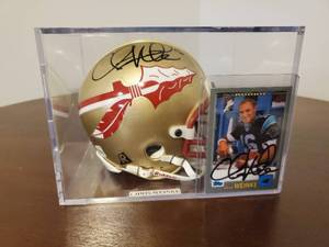 lot 69 image: Chris Weinke Florida State Seminoles Signed Mini Helmet and Signed Carolina Panthers Football Card