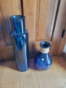 lot 216 image: 2 blue glass vases