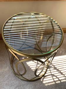 lot 27 image: Cylindrical brushed brass and glass table