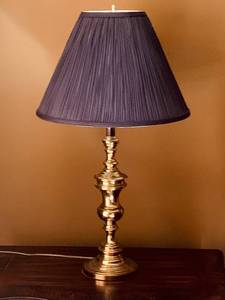 lot 32 image: Pair of Brass Lamps with Black Fabric Shades