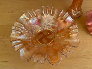 lot 291A image: Apricot Carnival Glass Bowl, Vase and Royal Daulton Lady Figurine