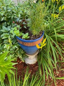 lot 142 image: 1 Blue Ceramic pot on Cement Pedestal