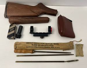 lot 9 image: Group Of Vintage Gun Parts Including Stock, Sights, Brass Cleaning Rod And More
