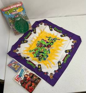 lot 38 image: Group Of Vintage 1990s TMNT Items Including Bandana, Cassette, VERY RARE Cereal Bowl And More