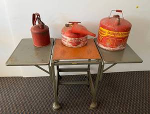 lot 100 image: Vintage Metal Gas Cans And Vintage Metal And Wood Rolling Cart (Very Industrial Looking)