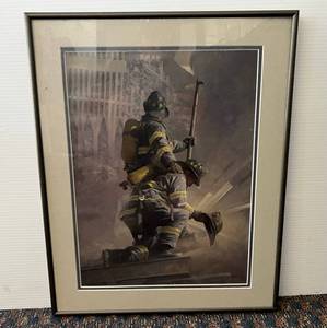 lot 109 image: Framed William S. Phillips Firefighter Print  A Prayer For My Brother With COA