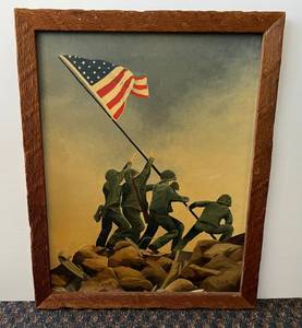 lot 111 image: Vintage Framed Hand Painted Picture Of Iwo Jima Flag Raising