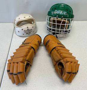 lot 79 image: Group Of Vintage Cooper Hockey Gloves And Helmets