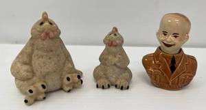 lot 185 image: Group Including 2002 Quarry Critters Chicks And Vintage We Like Ike Salt And Pepper Bust (Missing Corks)