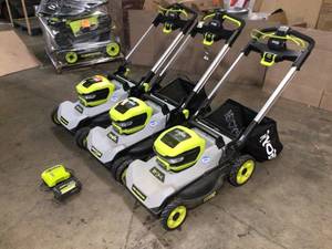 Lot of assorted Ryobi Lawn Mowers, Battery Operated, Customer Returns Tool Only 1 Battery and charger included - Review all pictures
