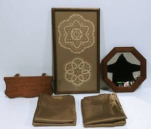 Mirror, Shelf, Curtains, Framed Doilies