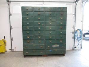 Vintage 1960s wood parts Cabinet with 36 drawers from old Gas Station