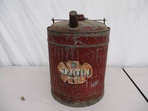 Lot of 2 -5 Gallon Martin Ware Galvanized Metal Gas cans with wood handles