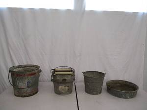 Lot of 4 Vintage Galvanizes Metal Buckets. Mop Bucket. Oil Pan.