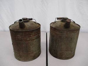 Lot of 2 Vintage Galvanized Metal Gas Cans with wooden handles