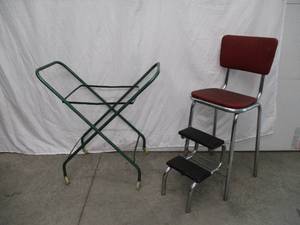 Vintage Lot of 2 Chromecraft Folding Step Stool &amp Metal Folding Laundry Basket Stand(no basket)